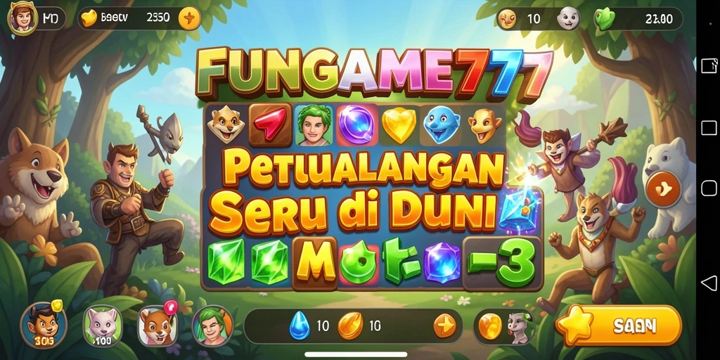 Tampilan screenshot FUNGAME777 menunjukkan kombinasi warna-warni dalam gameplay Match-3.