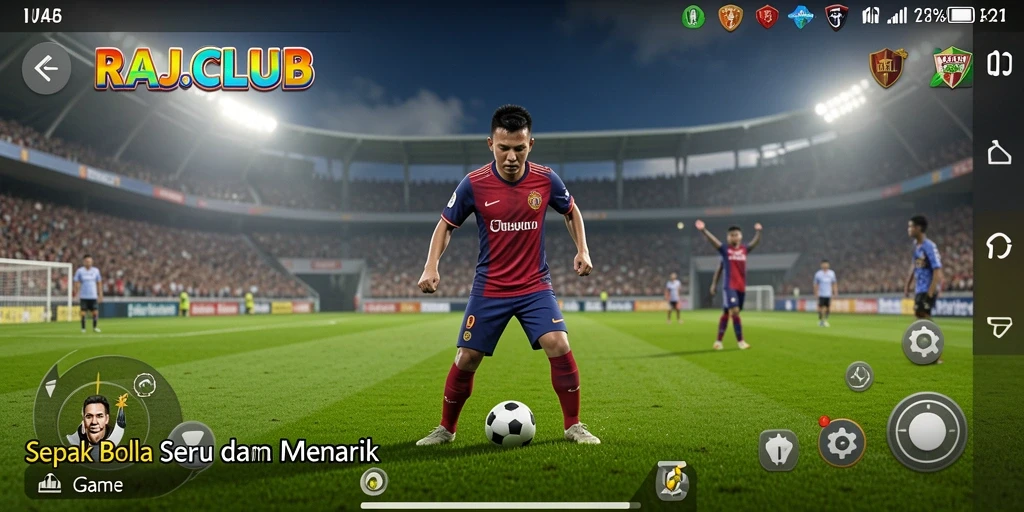 Tangkapan layar utama RAJACLUB yang menampilkan aksi bermain sepak bola.