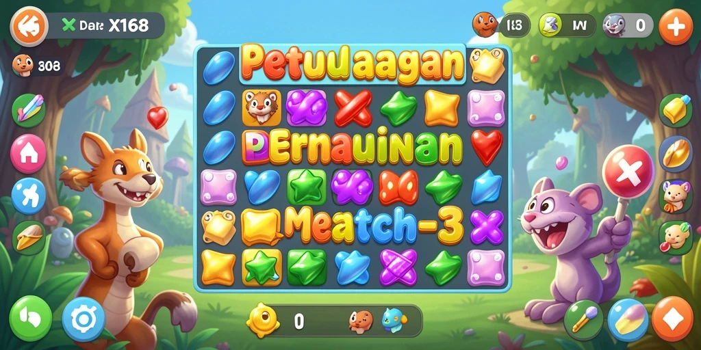Screenshot gameplay X168 menunjukkan aksi mencocokkan permata yang seru.